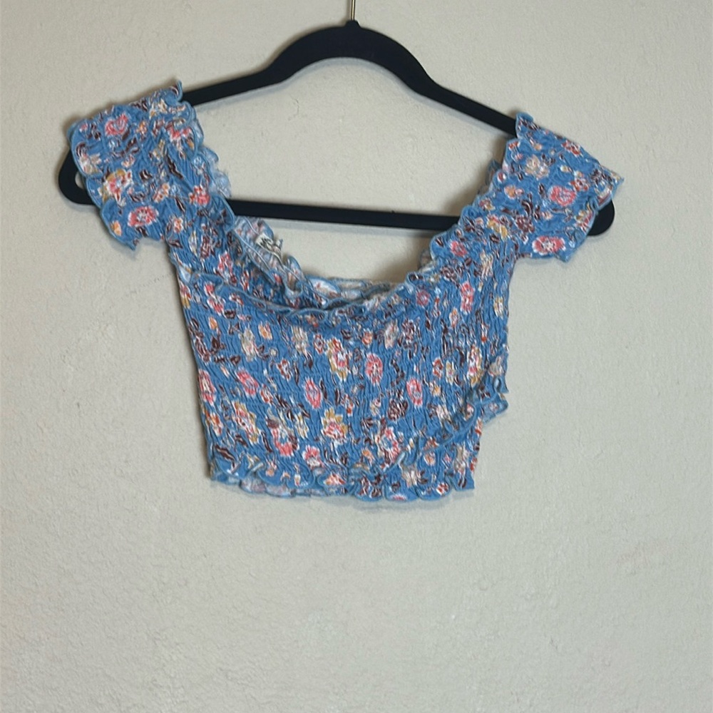Free People Intimately Blue Floral Smocked Crop Top‎ Size Medium